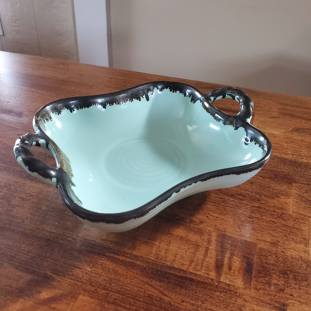 Vintage Mint Blue Ceramic Serving Bowl with Dark Rim and Handles